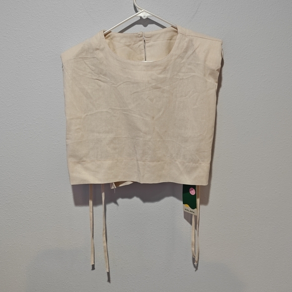 NWT Halara Linen Crop Top Size XL Shoulder Pads Keyhole Back Tie Side - Picture 3 of 7